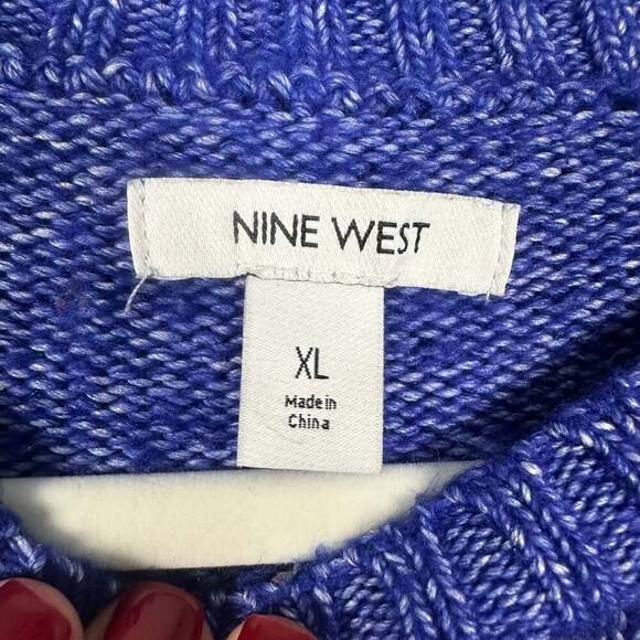 Nine West Patterned Crewneck Blue Heather Plaid Brown Sweater - Picture 3 of 5